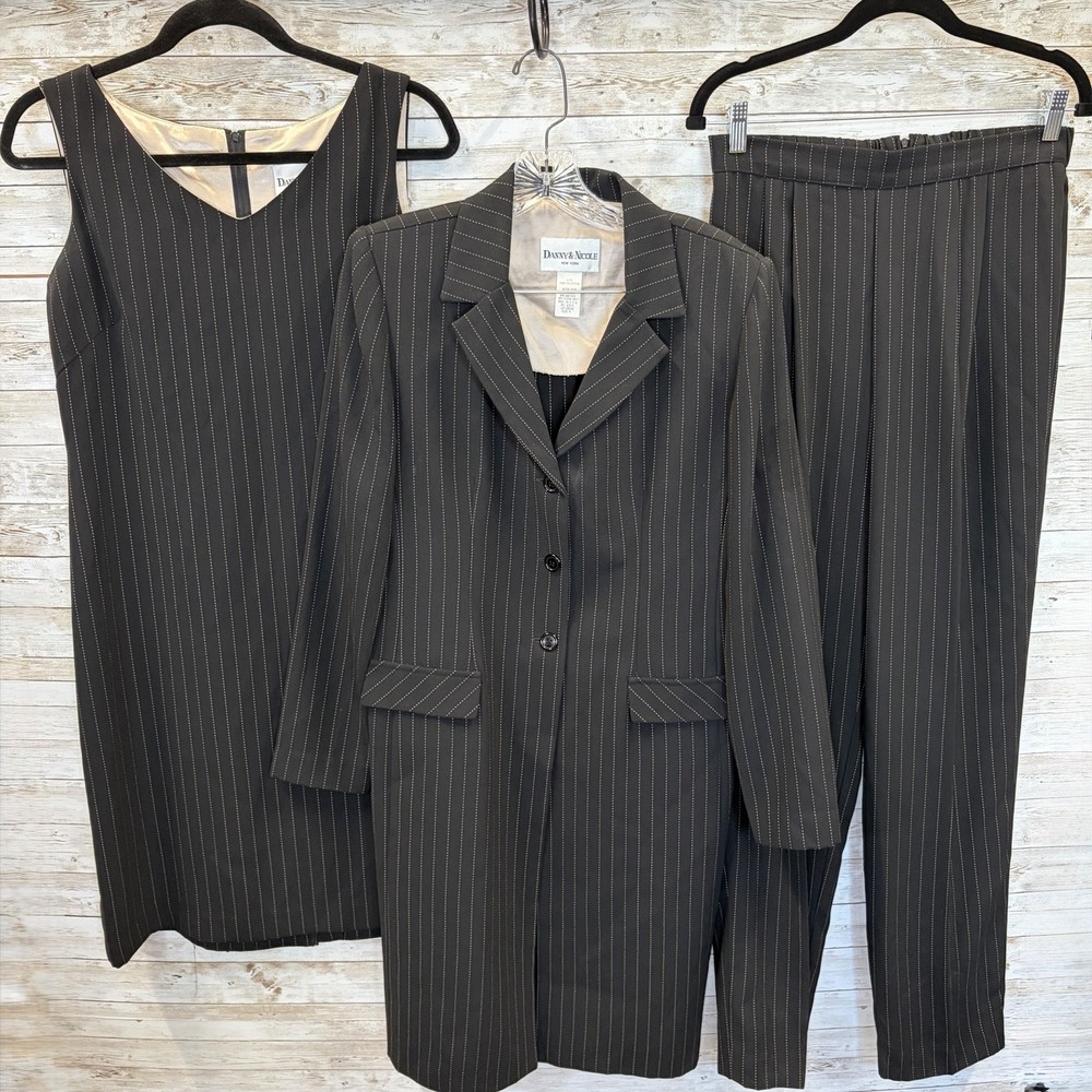 Vtg 90s Danny & Nicole Womens 8 Suit 3-Pc Pinstripe Power Dress Pant Long Jacket